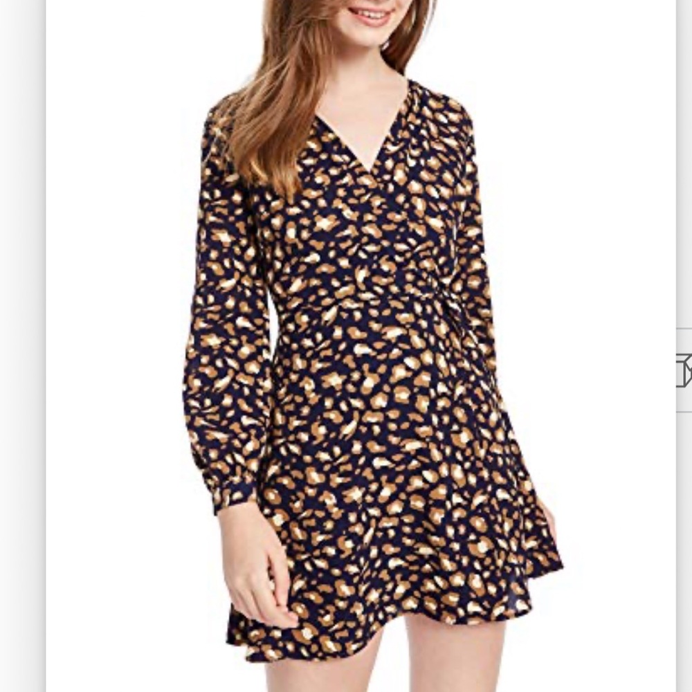 Speechless Womens Navy Animal Print Long Sleeve V Neck Micro Mini Trapeze